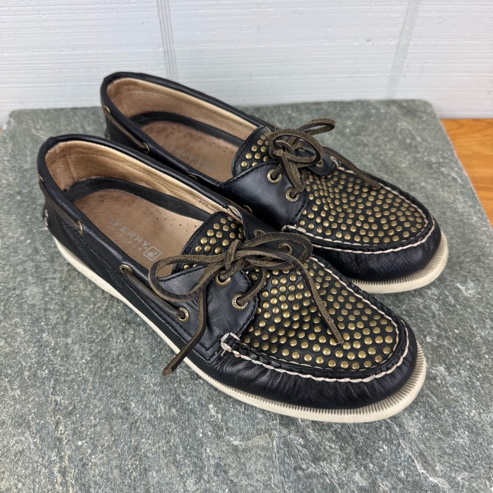Sperry Top-Sider Rockstar Black Leather Boat Shoe Brass Studded Lace Up Size 9